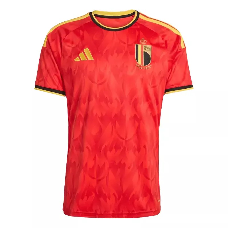 Belgium 2026 home jersey in red with black and yellow accents and RBFA crest