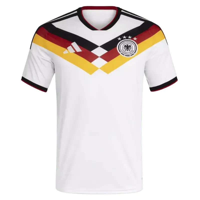 Germany 2026 home jersey in white with black trim, Adidas branding, and DFB crest with four stars