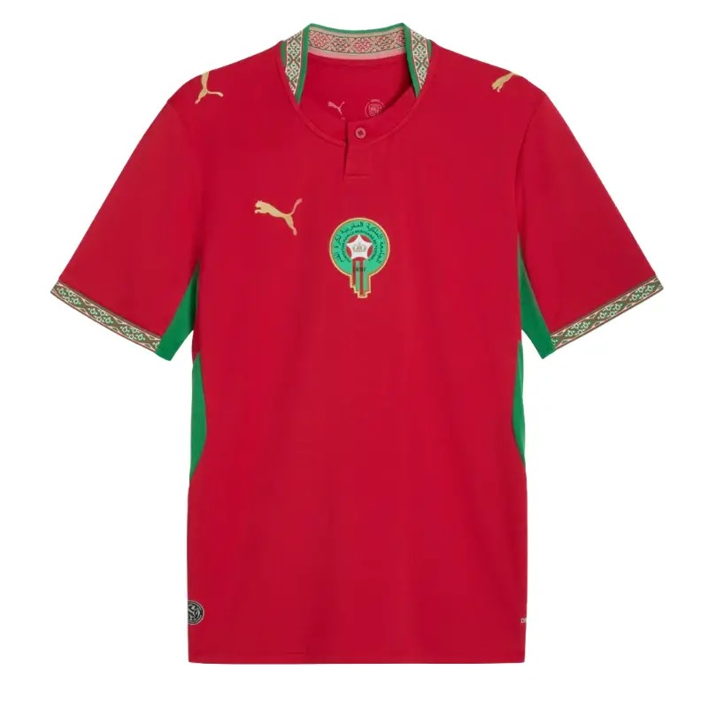 Morocco 2026 home jersey in deep red with Puma branding and FRMF crest
